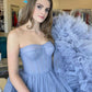 Blue Strapless Tulle Long Formal Dresses, Blue A-Line Evening Dresses   cg24986