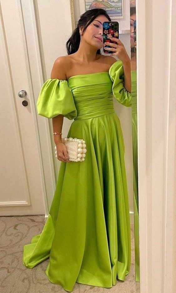 Sexy off shoulder puff sleeve floor length gown satin long evening dress        cg24953