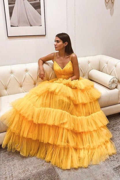 Layers Tulle Yellow Prom Dresses with Ruching Bodice        cg24954