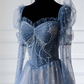 Blue prom dress long Fairy ball gown dress Long sleeves prom dress Sparkle rhinestone dress Romantic star print evening dress     cg24826