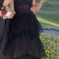 New Arrival A-Line Tiered Tulle Black Prom Dress, Spaghetti Straps Long Evening Dress   cg24881