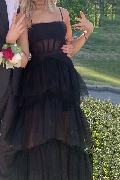 New Arrival A-Line Tiered Tulle Black Prom Dress, Spaghetti Straps Long Evening Dress   cg24881