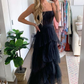 New Arrival A-Line Tiered Tulle Black Prom Dress, Spaghetti Straps Long Evening Dress   cg24881