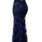 navy blue mermaid tulle and sequins long formal prom dress with v neckline and lace up back   cg10962