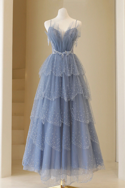 Blue Tulle Layers Straps Beaded Long Prom Dress, Blue A-Line Evening Dress     cg24964