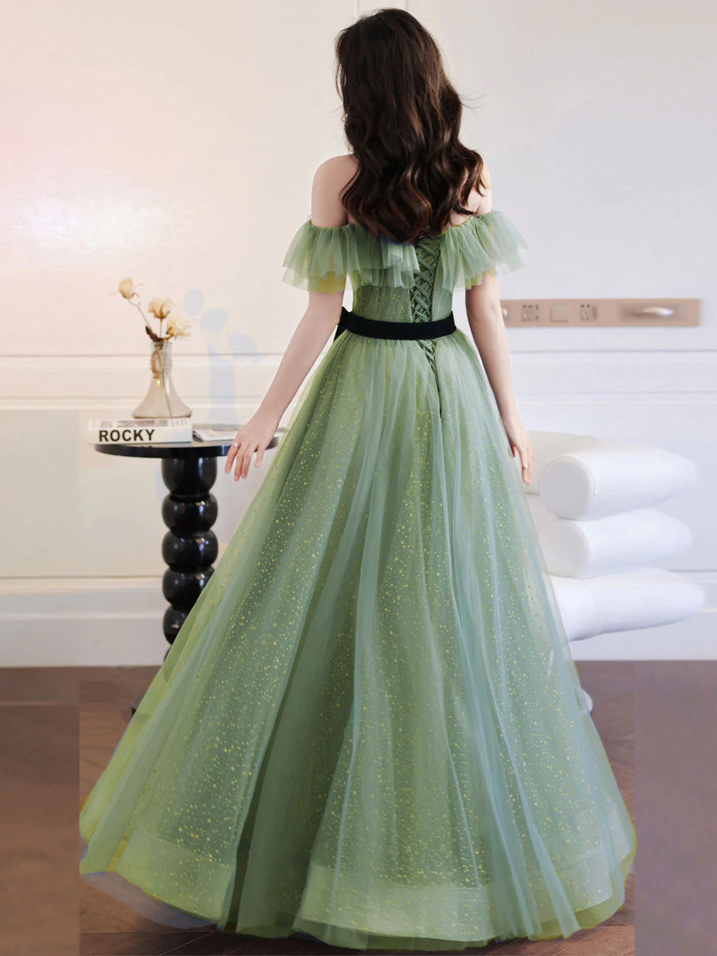 A line Green Long Prom Dresses, Green Tulle Formal Graduation Party Dress   cg24988