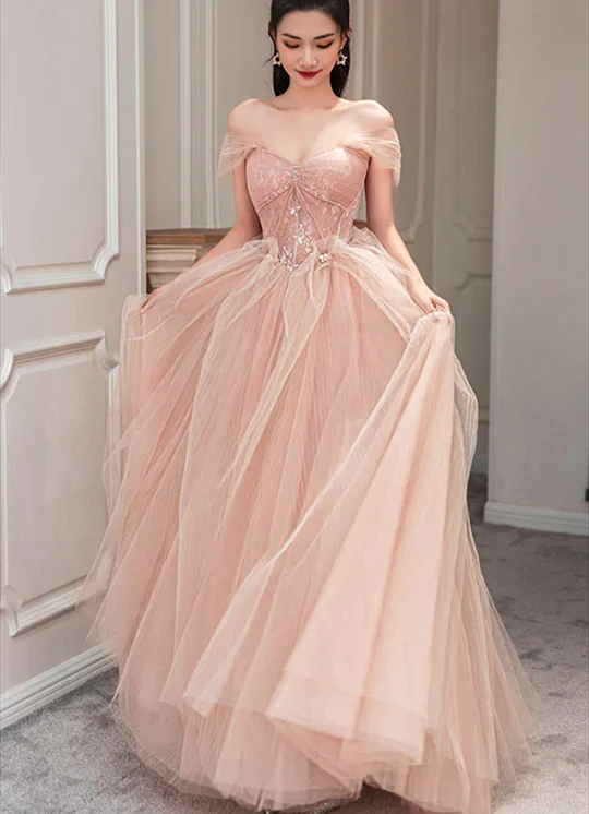 Pink Sweetheart With Lace Beaded Tulle Junior Prom Dress, Pink Long Formal Dresses    cg24960