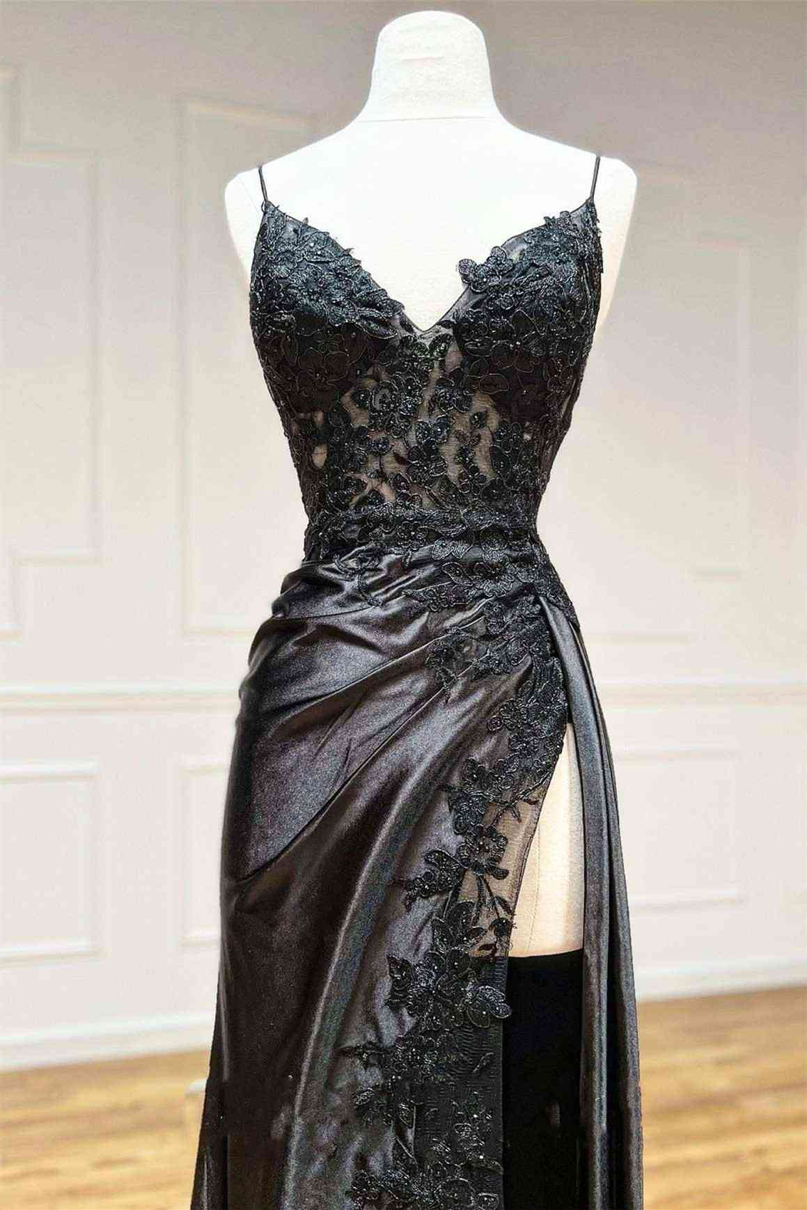 Black Long Appliques Prom Dress with Spaghetti Straps    cg24993