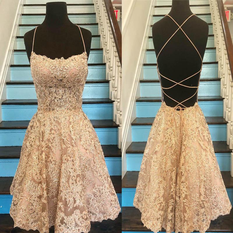 Unique Spaghetti Straps Crisscross Back A-Line Short Homecoming Dresses, Gold Lace Homecoming Dresses cg04