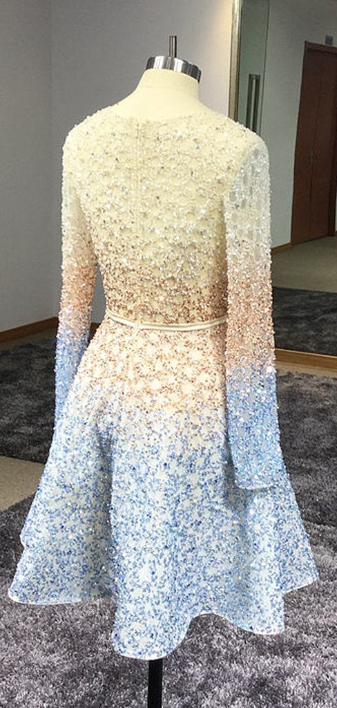 Stunning Sparkly Beading Sequin Long Sleeve V-Neck Homecoming Dresses cg1000