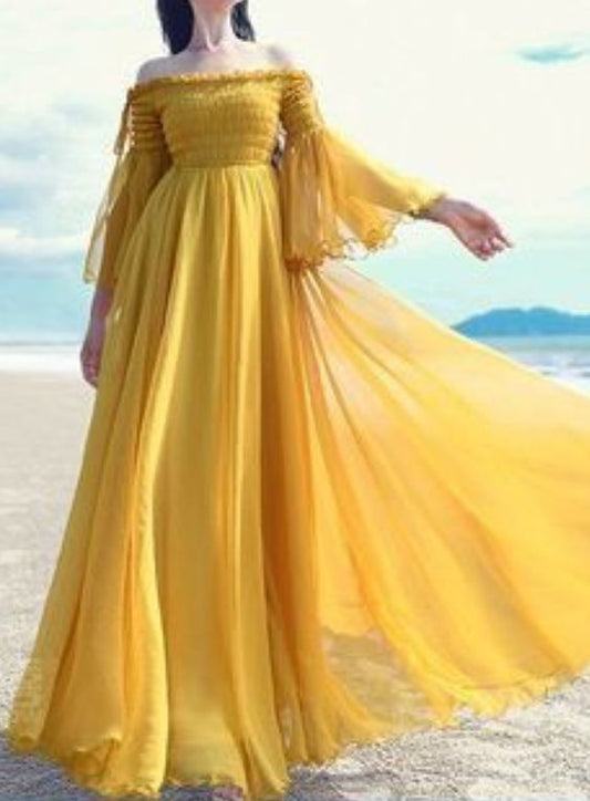 Yellow Off The Shoulder Long Prom Dresses   cg10008