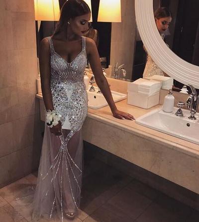 Sparkle Mermaid Tulle Prom Dresses Two Straps Beading Crystals Evening Party Gowns    cg10018