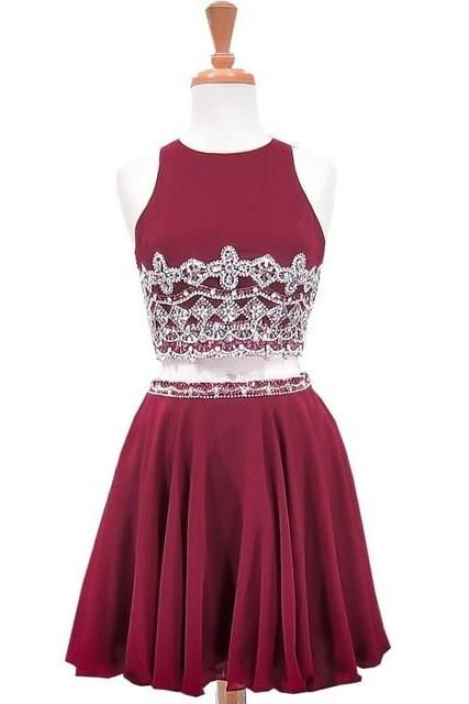 Sweet Party A-Line Scoop Neck Sleeveless Beaded Crystals Burgundy Chiffon Two Piece Short Homecoming Dresses  cg10031
