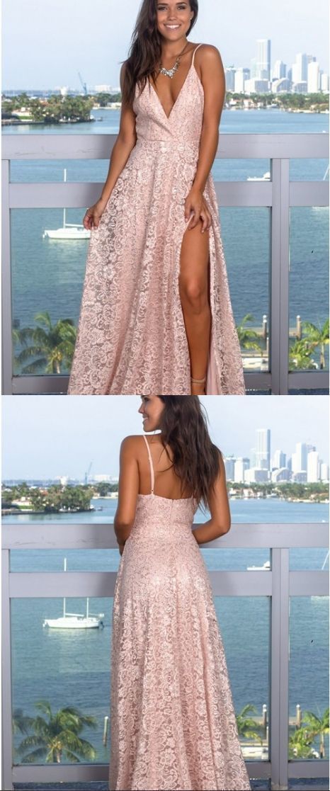 Lace Prom Dress with Sequin, Spaghetti Straps Prom Dress, Sleeveless Pink Prom Dresses  cg10046