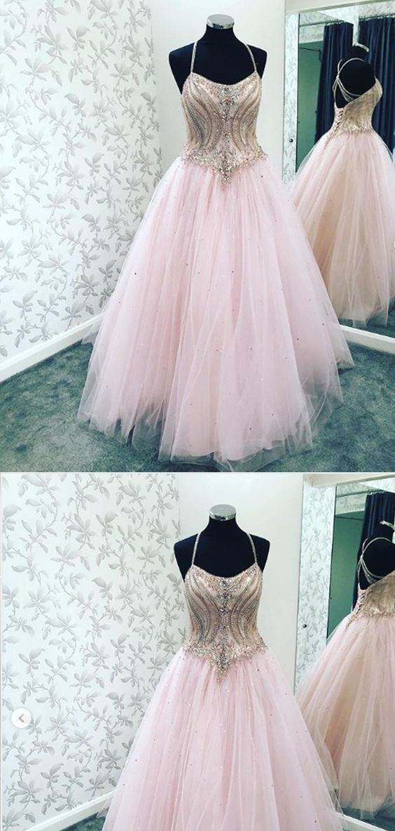 A-line Straps Beaded Pink Tulle Long Evening Prom Dresses,Cheap Prom Dresses  cg10047