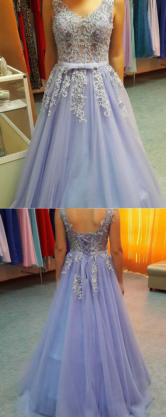 appliqued blue tulle prom dress, long lace appliqued formal dress cg10048