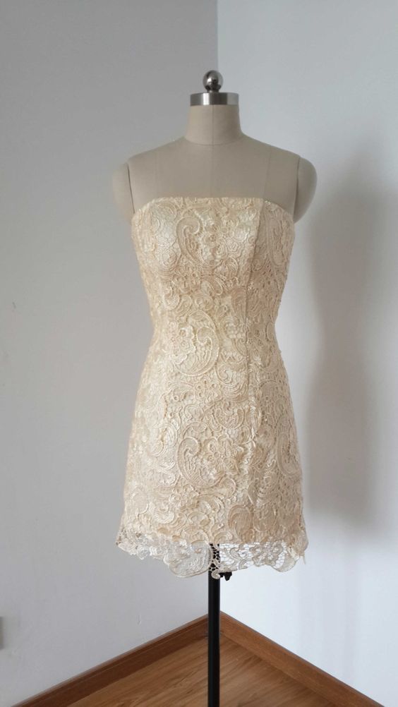 Strapless Champagne Lace Short Homecoming Dress   cg10058
