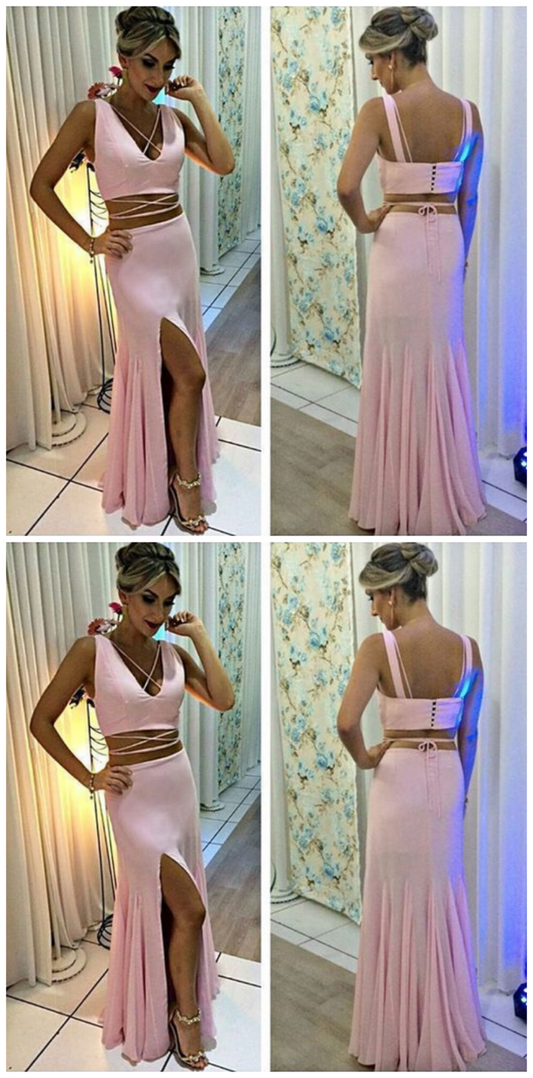 Beautiful Simple Pink Two Piece V Neck Slit prom dress   cg10079