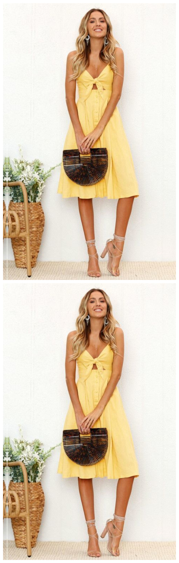 Cute Straps Yellow Tie Front Dress, Back to School Dress, Short Homecoming Dress   cg10080