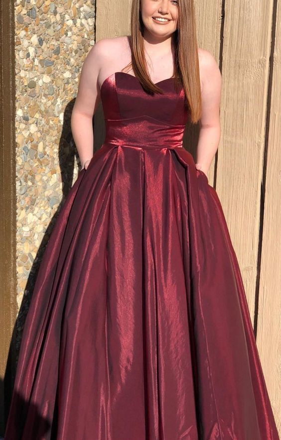 Strapless Burgundy Long Prom Dresses with Pockets   cg10097
