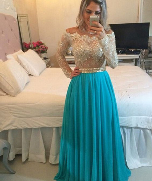 Beaded Off The Shoulder Long Sleeves Prom Dress With Sheer Back   cg10124