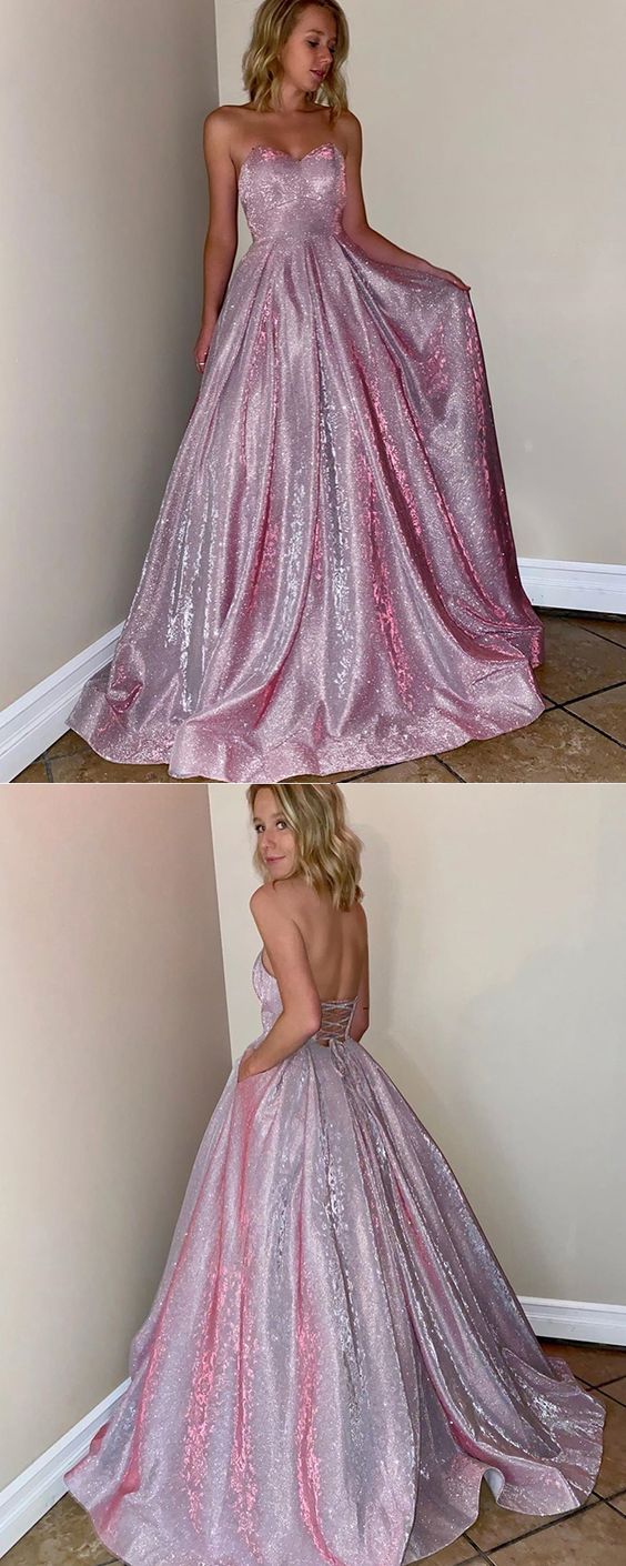 Sweetheart Pink Sparkle Metal Long Prom Dress with Pockets   cg10139