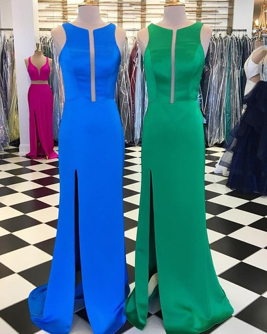 Simple Sheath Jewel Satin Long Formal prom Dress with Side Slit   cg10140