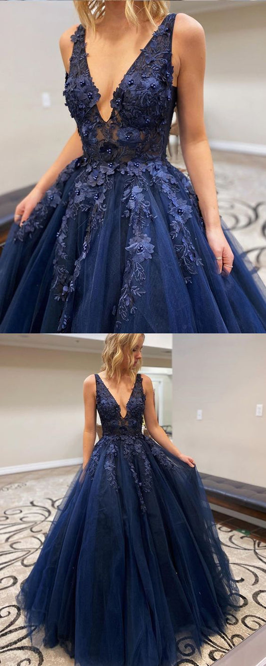 V-neck Navy Blue Beading Applique Tulle Prom Dress   cg10150