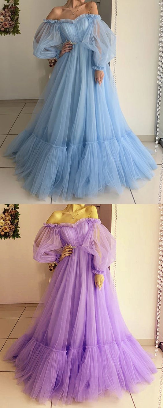 Tulle Evening Dresses Long Sleeves Off Shoulder prom dress   cg10226