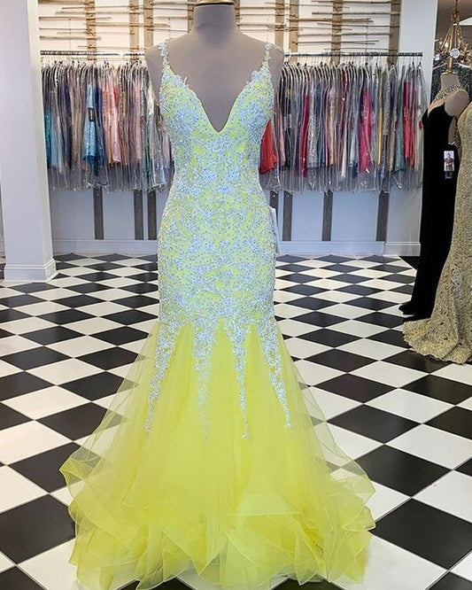 Beading Appliqued V-neck Yellow Mermaid Ruffled Prom Dress   cg10229