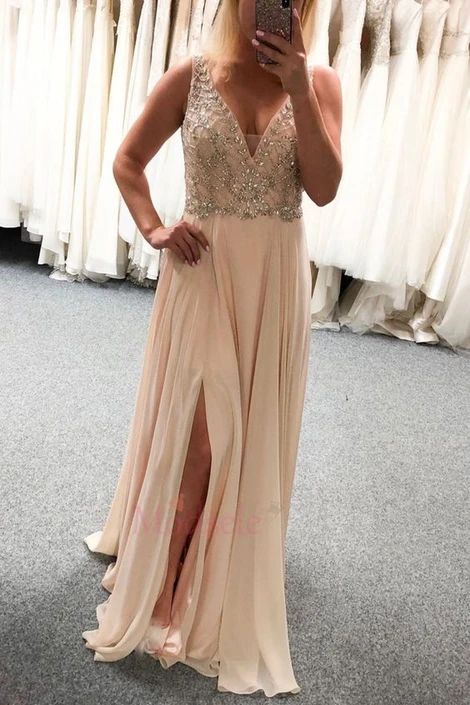 Peach V Neck Chiffon Long Prom Dress with Slit   cg10233