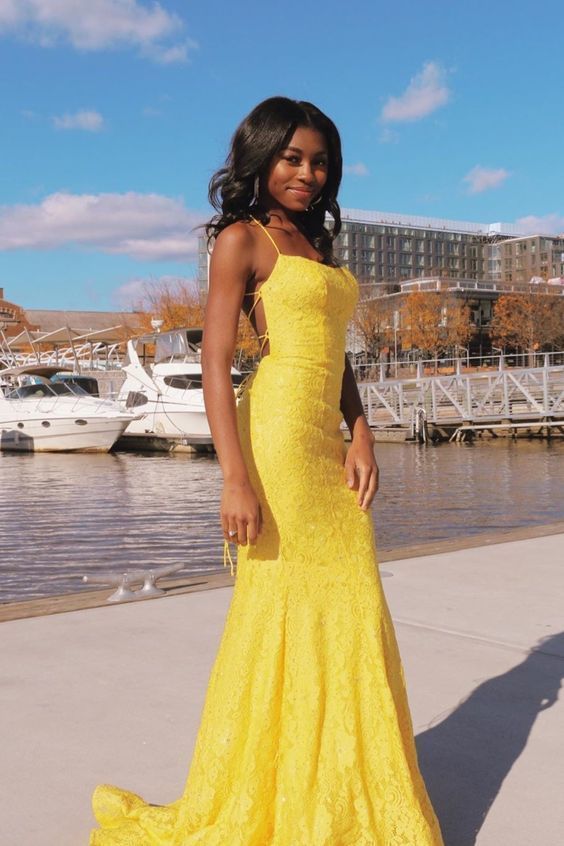 mermaid spaghetti straps yellow prom party dress  cg10240