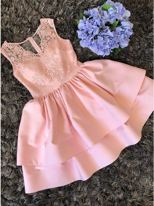 V-Neck Sleeveless Pink Satin Short Homecoming Dress with Lace   cg10254
