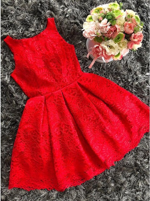 A-Line Round Neck Red Lace Short Homecoming Dress   cg10260