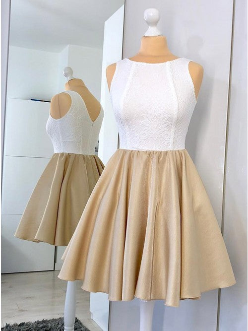 A-Line Round Neck Light Champagne Short Homecoming Dress with Lace   cg10265