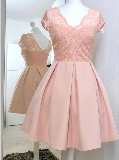 A-Line V-Neck Short Sleeves Pink Homecoming Dress with Lace   cg10266