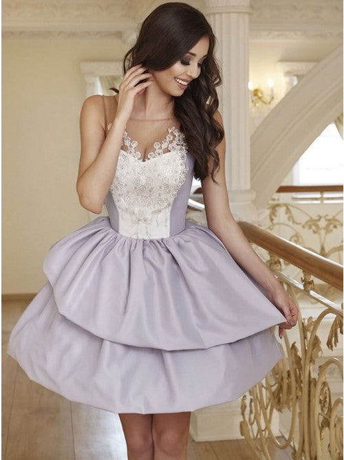 A-Line Round Neck Grey Short Homecoming Dress with Appliques   cg10267