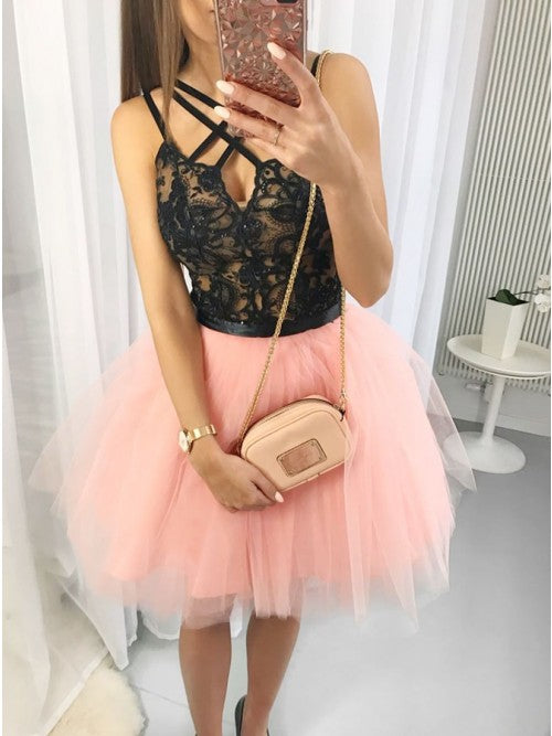 A-Line Cross Neck Pink Tulle Homecoming Dress with Lace Beading   cg10269