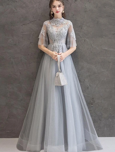 CUTE GRAY LACE TULLE LONG PROM DRESS GRAY TULLE LACE FORMAL DRESS   cg10286