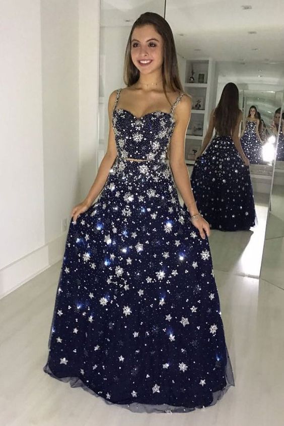 Unique tulle sequin long prom dress, blue tulle evening dress cg1029