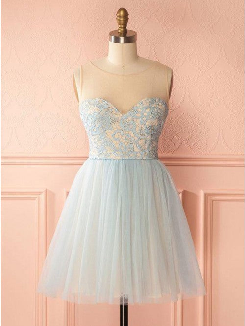 A-Line Round Neck Backless Light Blue Homecoming Dress with Lace  cg10290
