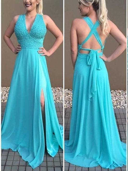 Chiffon A Line Blue V Neck Beaded Side Slit Criss Cross Lace Up Back Prom Dresses    cg10301