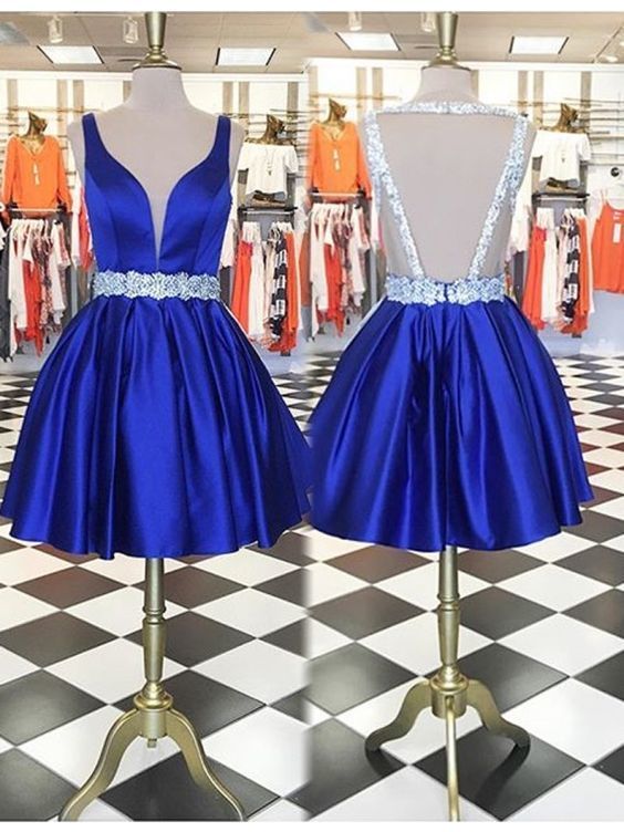 A-Line Royal Blue Sleeveless Backless Satin Homecoming Dress   cg10311