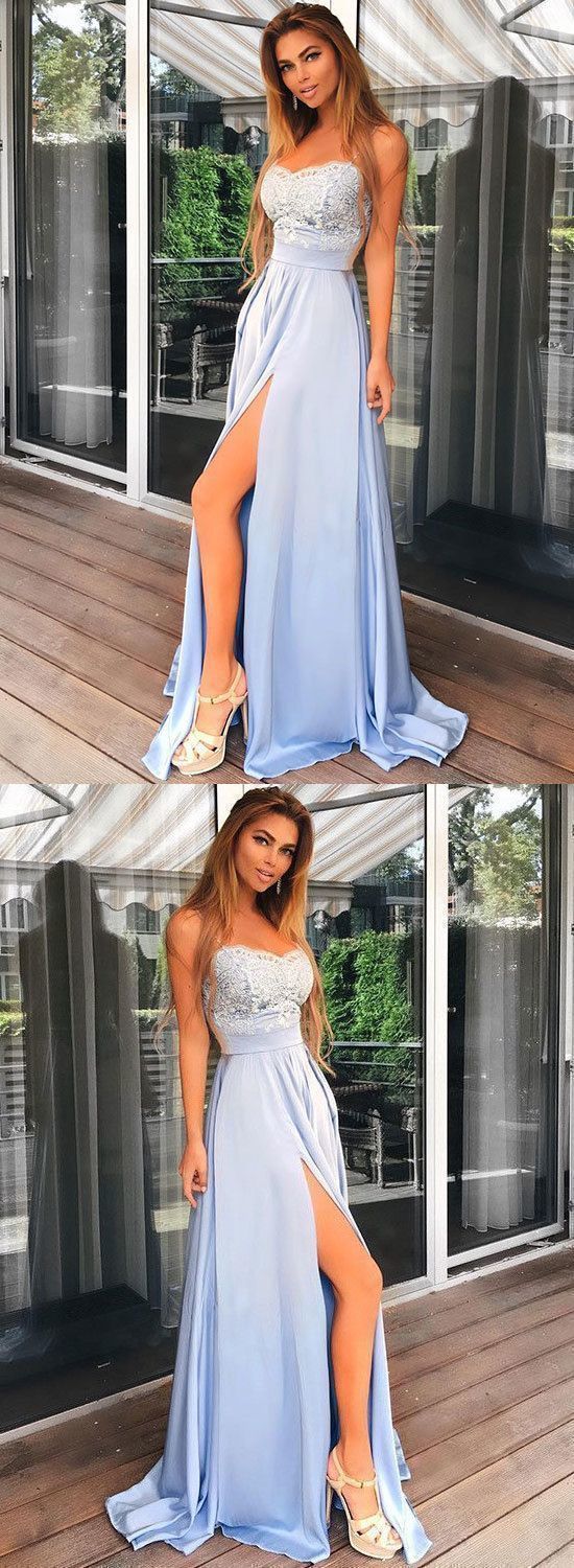 Light Blue Appliques Long Prom Dress, Slit Chiffon Evening Dress   cg10317