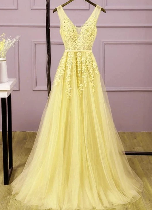Long V-Neckline Lace Applique And Tulle Bridesmaid Dress, Yellow Prom Dress Party Dress   cg10386
