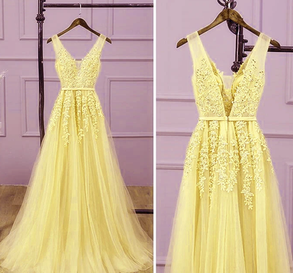 Long V-Neckline Lace Applique And Tulle Bridesmaid Dress, Yellow Prom Dress Party Dress   cg10386