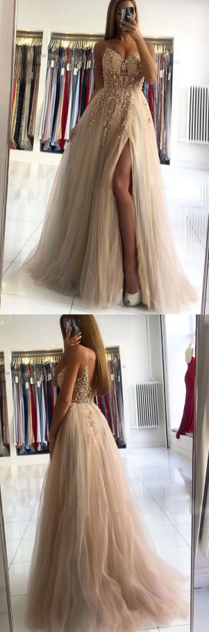 Champagne v neck beads long prom dress champagne evening dress   cg10391