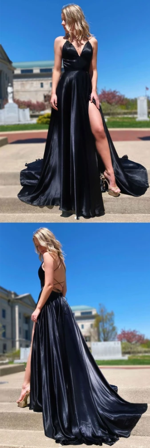 SIMPLE V NECK BLACK EVENING DRESS BLACK FORMAL PROM DRESS   cg10395