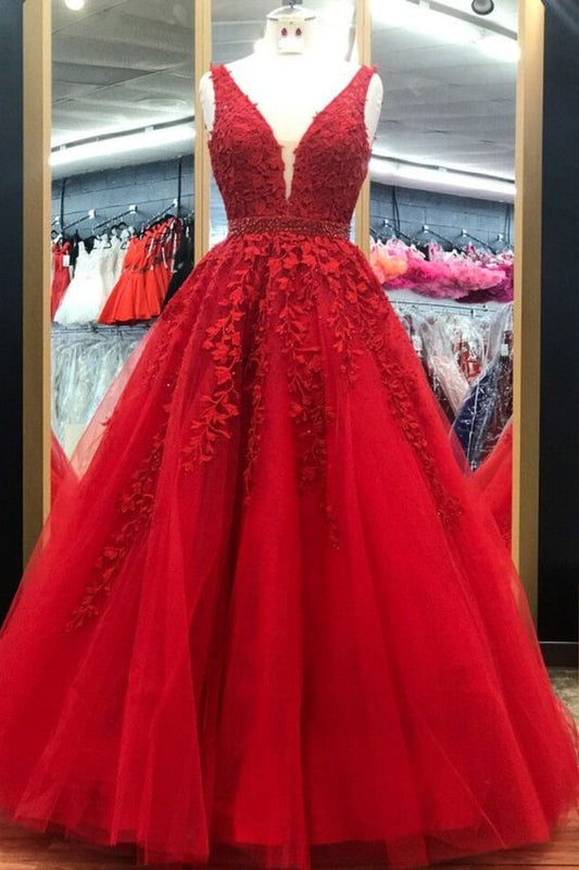 Elegant Red Long Prom Dress with Lace Appliques   cg10398