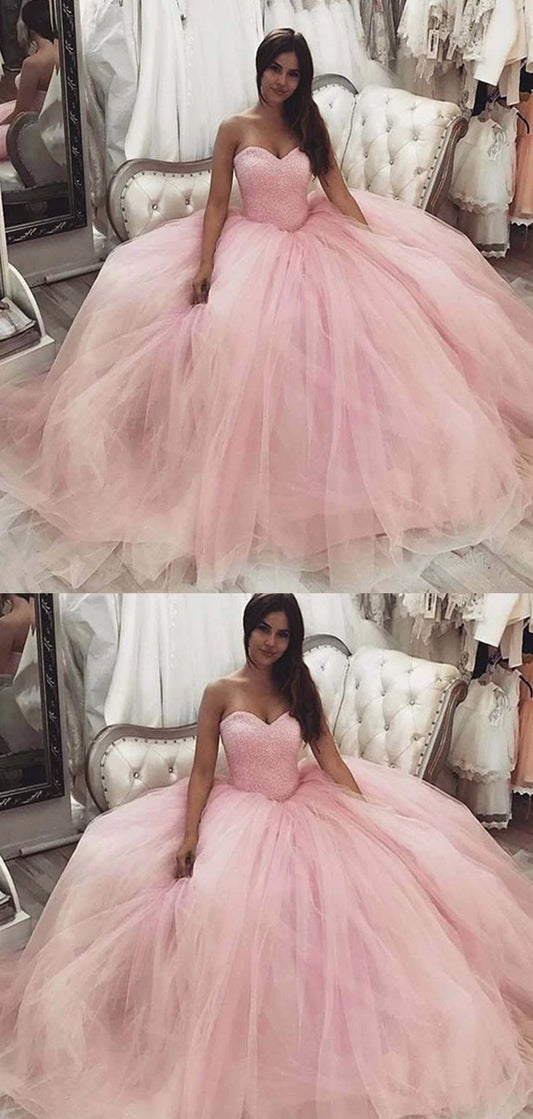 Sweetheart Long Pink Beaded Tulle Prom Dresses, Lovely Prom Dresses    cg10401